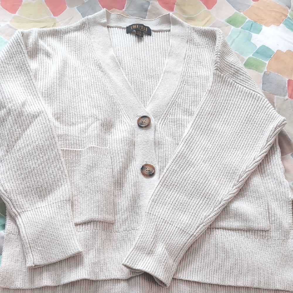 Cream Ribbed Cardigan Sweater